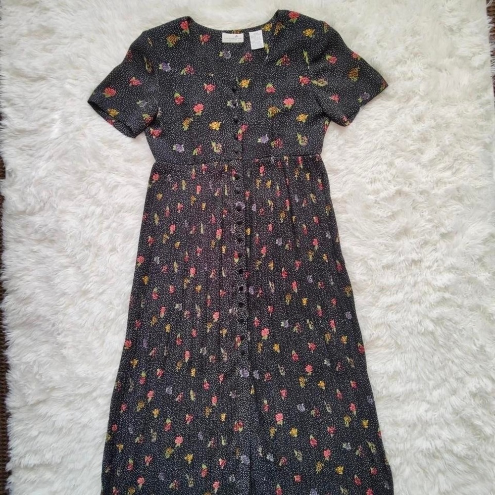 Vtg Liz Claiborne Babydoll Maxi‎ Dress Black Polka Dot Ditsy Floral Whimsigoth 8